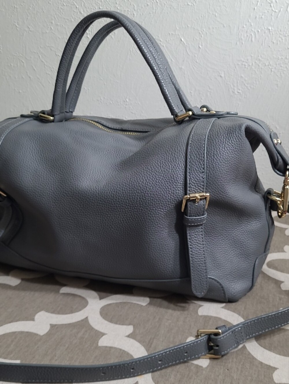 ✔️ Ora Delphine Grey Leather Satchel with Gold Hardware